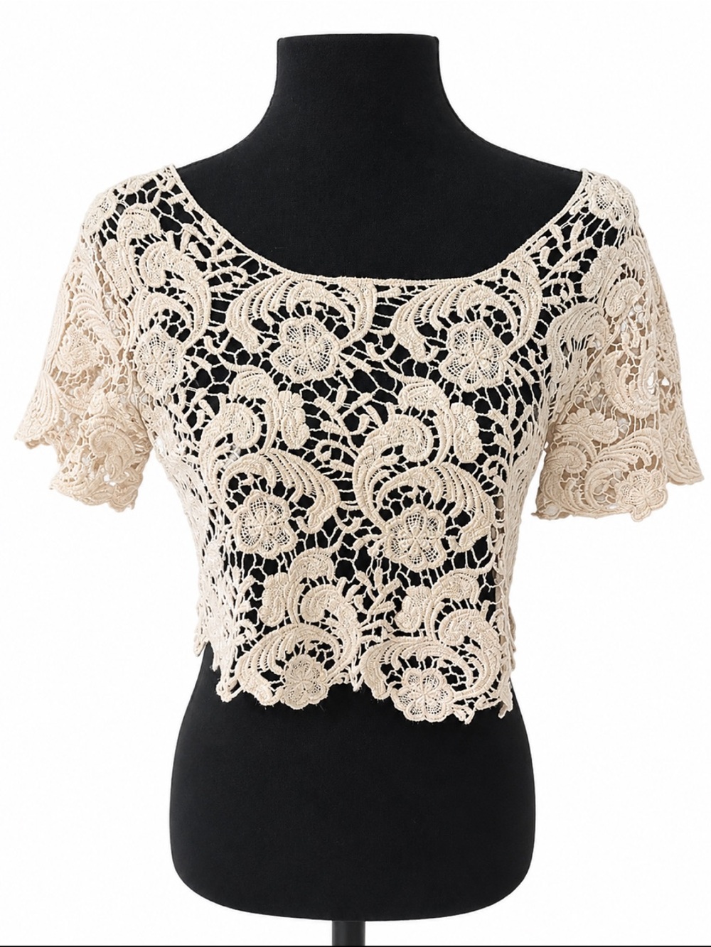 Valya Crochet Lace Crop Top Beige Floral Open Knit Size S